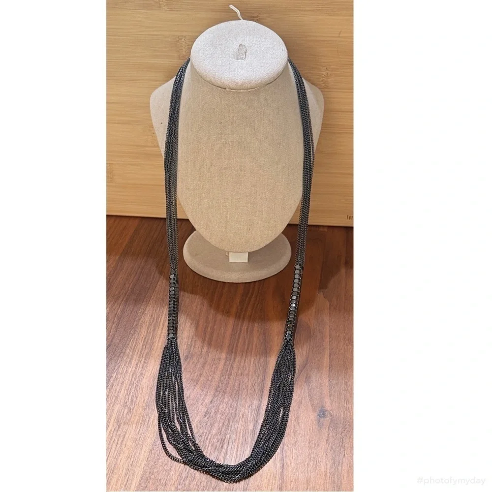Multi Strand Unique Dark Gunmetal Silver Tone Mesh Tube Rope Style Necklace